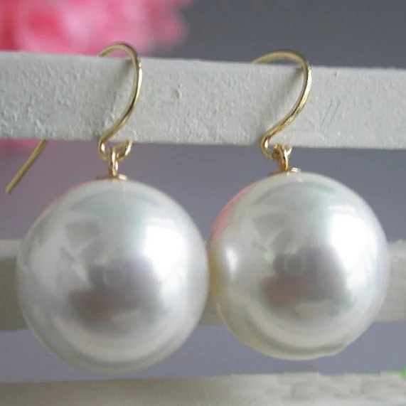 

New Favorite Pearl Jewelry 16mm White Color Round South Sea Shell Pearl 14K/20 Gold Dangle Earrings Wedding Party Lady Gift