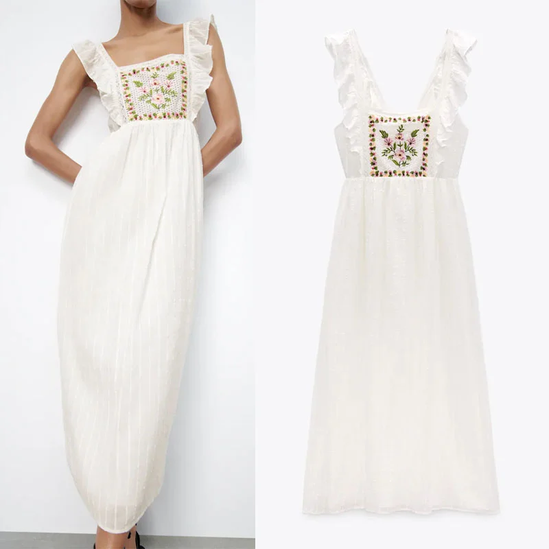 

ZA Embroidered Floral Dress Women 2021 Summer Ruffle Wide Straps White Dresses Back Opening Bow Tie Elegant Beach Feminine Dress