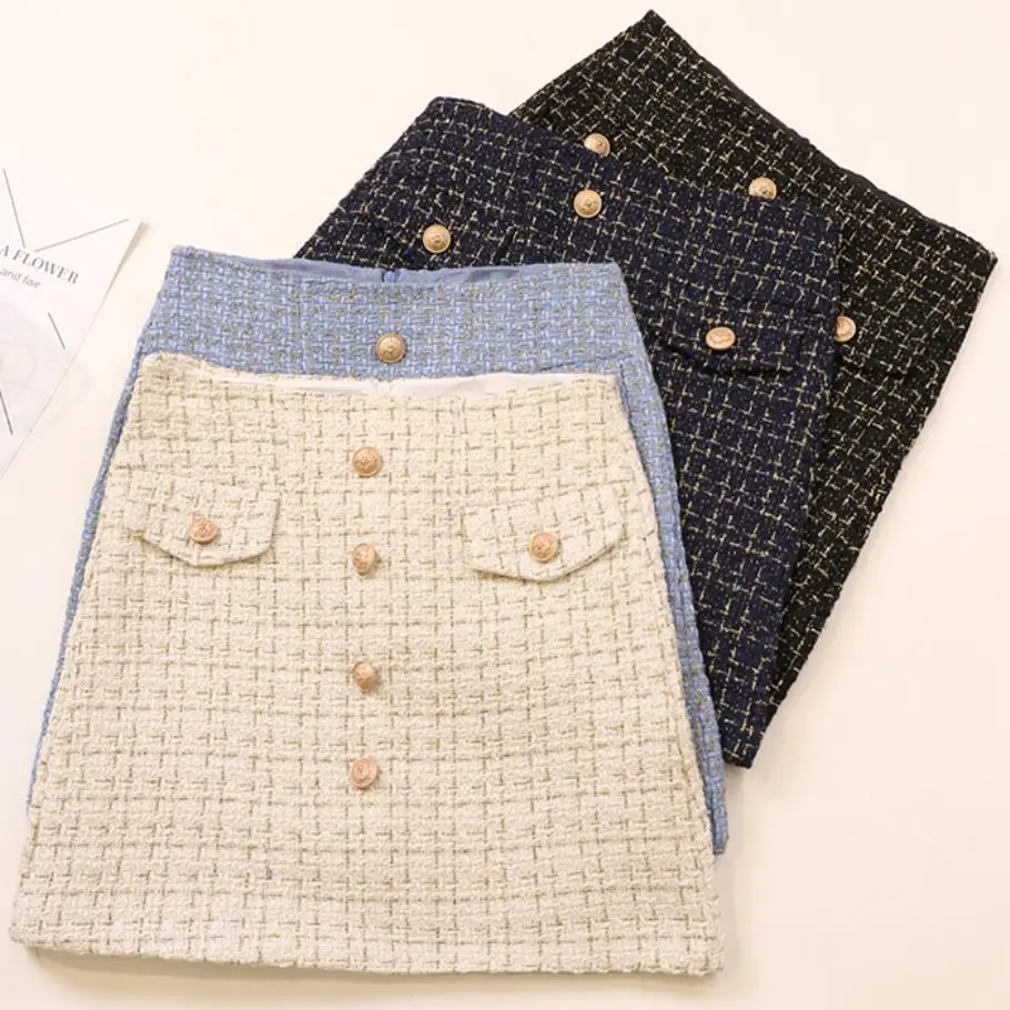 Женская шерстяная мини юбка маленькая твидовая с высокой талией Осень зима