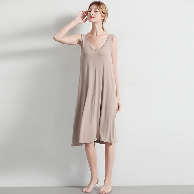 

Homewear Tank Dress Women Long Nightdress Solid Color V Neck Sleeveless Vest Loose Nightgown Comfortable Breathable 2020 Summer