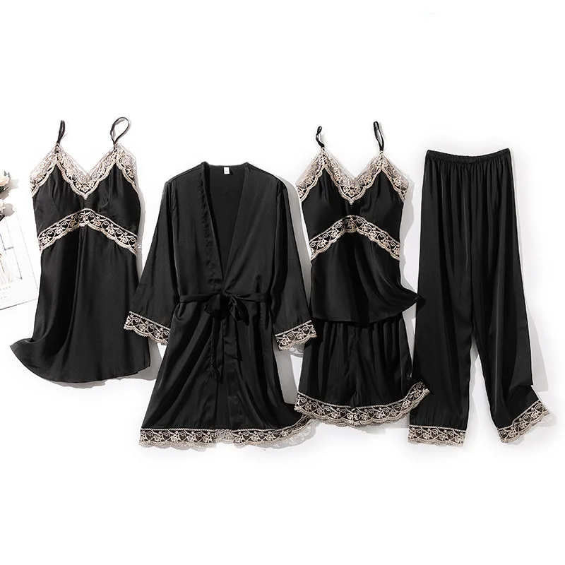 

Пижамный комплект Для женщин сексуальные пижамы кимоно платье Ночная рубашка платье ночнушка из искусственного шелка 5 шт. халат костюм дом...