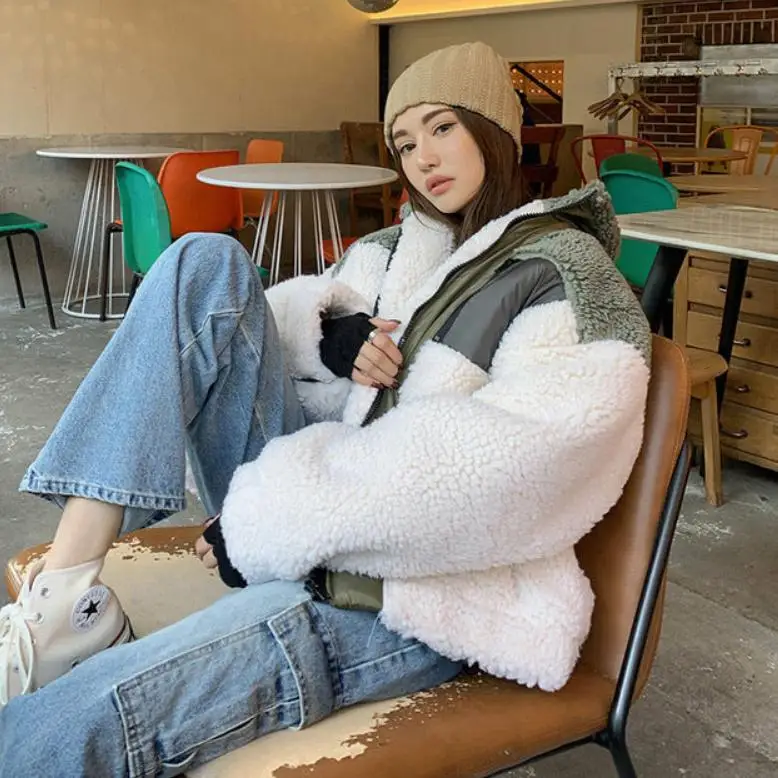 

Fashionable and new style versatile splicing imitation cashmere contrast warm coat