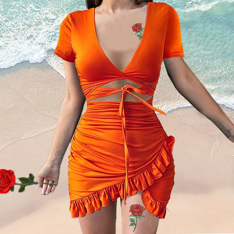 

Women Print Hollow Out Lace-Up Dress 2021 Summer Sexy Deep V Neck Irregular Sundress Short Sleeve Bodycon Ruffles Dress Vestidos