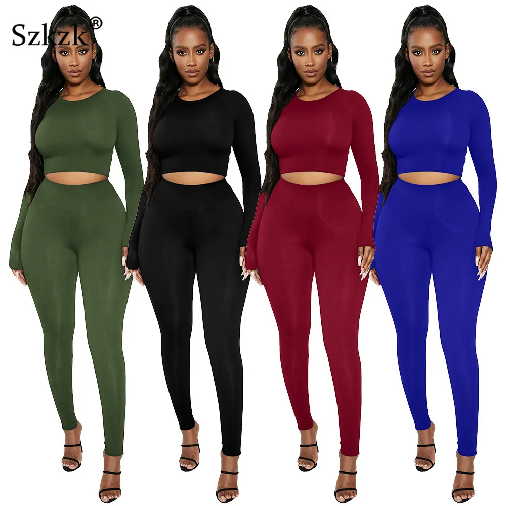 

Szkzk Two Piece Set Women Long Sleeve Crop Tops and Pencil Pants Leggings Set 2 Piece Sexy Night Clubwear 2021 Tight Outfits