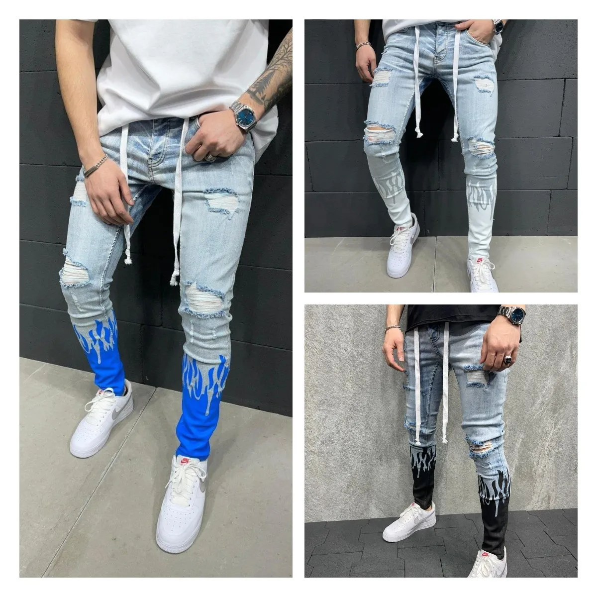 New Fashion Mens Jeans Flame Print Fashion Personalized Denim Pants Men Lace-up Slim Hole Jeans Casual Plus Size Pencil Pants