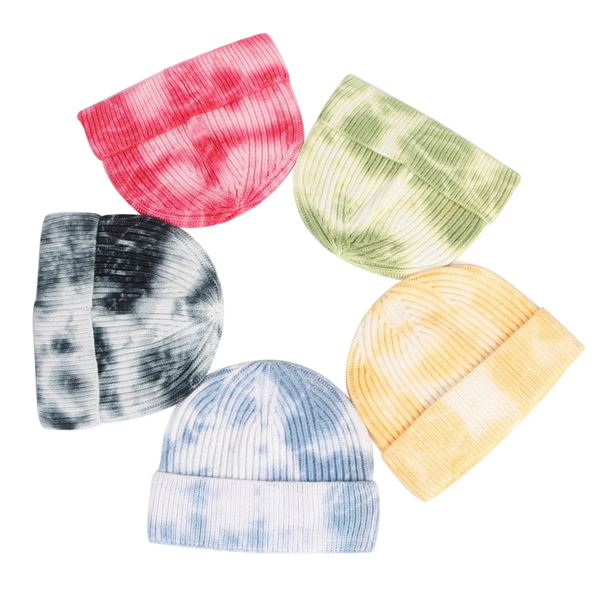

Autumn Tie-dye Knit Beanie Warm Winter Hat Women Soft Fashion Knitted Hip Hop Melon Cap Men Cuffed Plain Skull Cap Bonnet