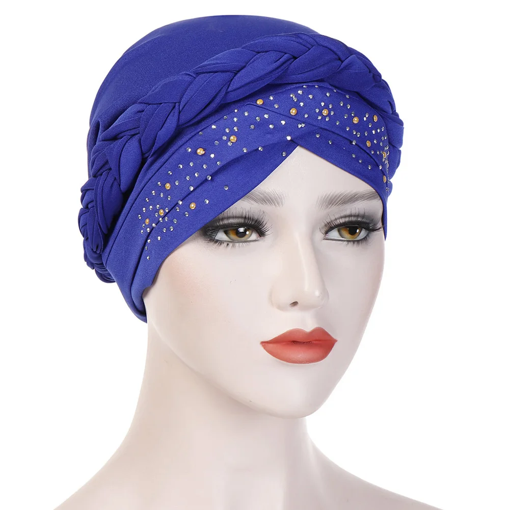 

Muslim Women Turban Hat Braid Hot Fix Rhinestone Chemo Cap Bandana Headwrap