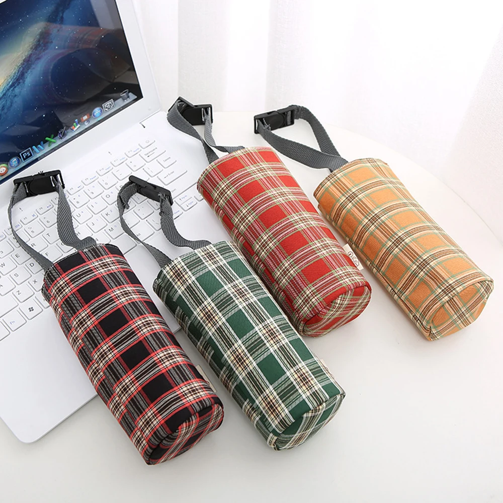 

Fashionable Grid Water Cup Protective Case Bottle Insulation Bags Holder Portable Cotton Linen Bottle Holder Cover Bag