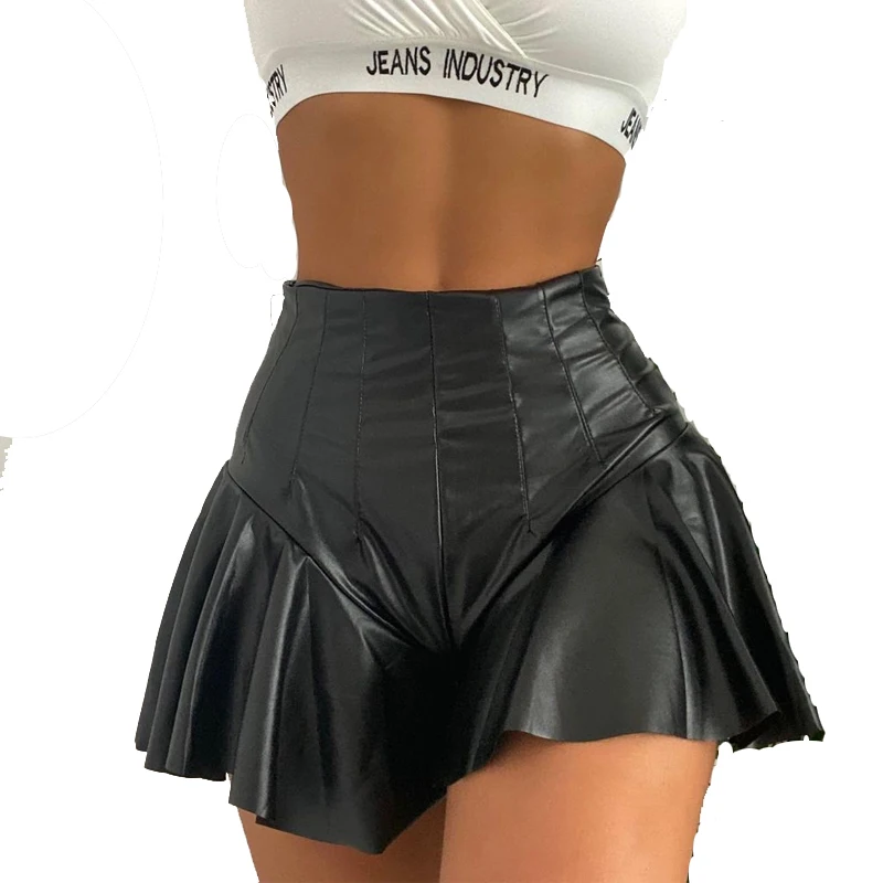 

Women PU Shorts Mini Skirt High Waist Pleated Ruffled Hem Short Hip Skort Club Shorts Fashion Bottom Y2K Streetwear Black 2021