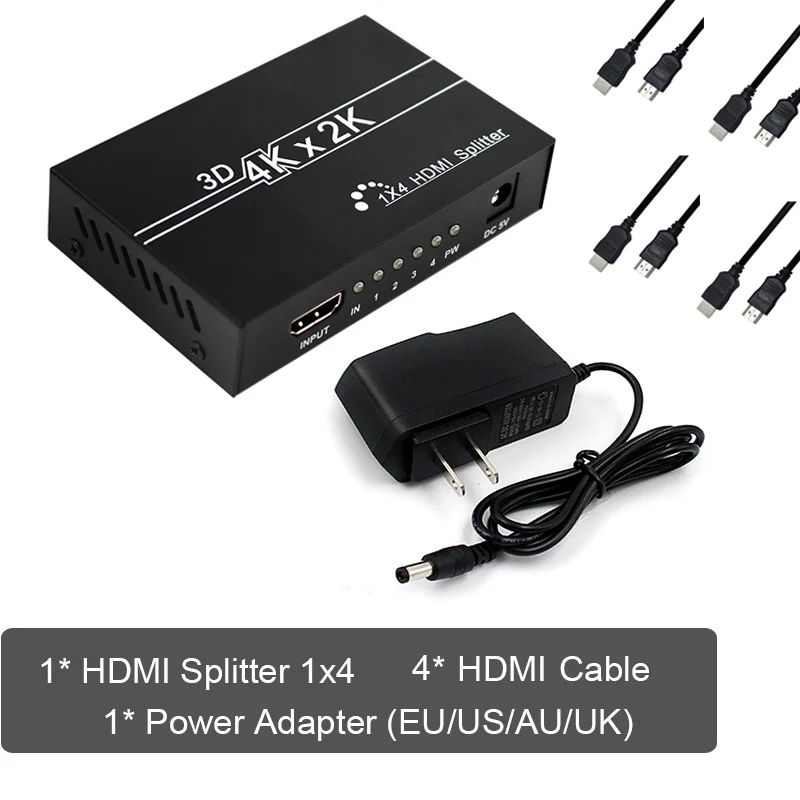 HDMI сплиттер 1x4 HDMI 1 в 4 Выход HDMI дистрибьютор 1HDMI в 4 HDMI для HDTV, DVD плеер, PS4 и т. Д. Full HD 4K с блоком питания - Цвет: Plug and 4 HDMI