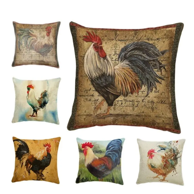 

Animal Vintage Rooster Cushion Case Watercolor Pillows Geometry Famliy Home Decor Purple Throw Cushion Cover Blue 45X45cm Cotton