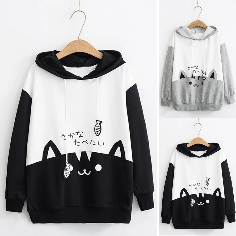 

Womens Oversized Sweatshirt 2021 Casual Hoodie Sweatshirt Long Sleeve Kitty Cat Print Pocket Thin Hoodie Blouse Top