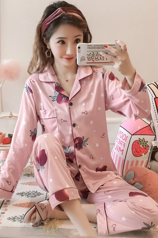 Пижама женская из чистого хлопка с длинным рукавом на весну и осень милая