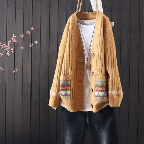 

2021 autumn and winter new products loose all-match knitted cardigan women's casual art retro embroidery buttoned sweater jacket
