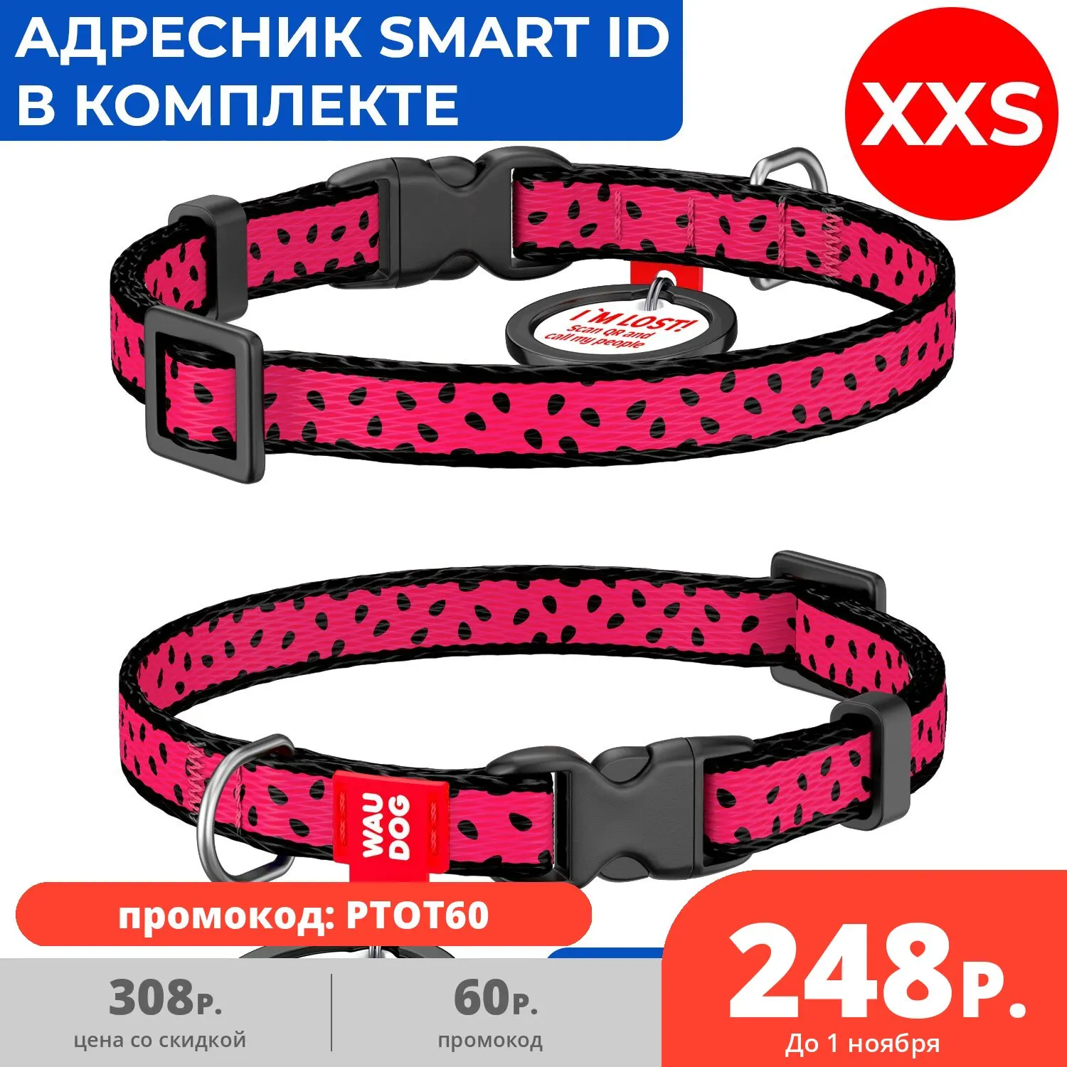 Нейлоновый ошейник WAUDOG Nylon c QR паспортом с рисунком &quotАрбуз&quot для мелких пород
