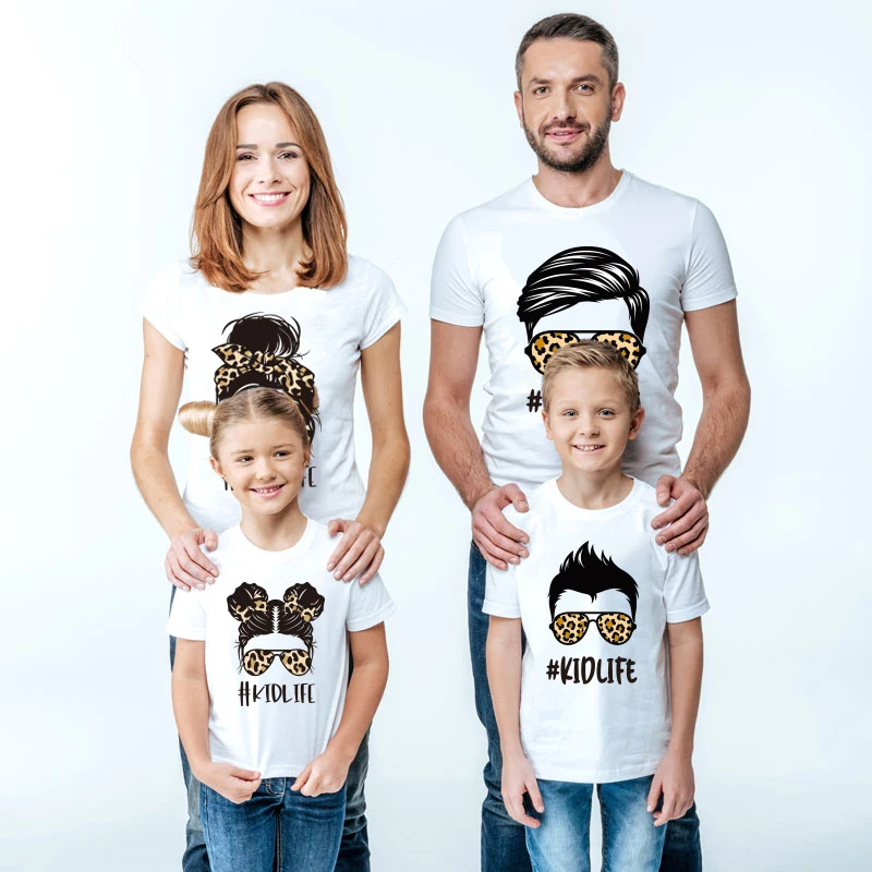 Футболка семейные одинаковые наряды леопардовые очки для мамы и детей Семейные