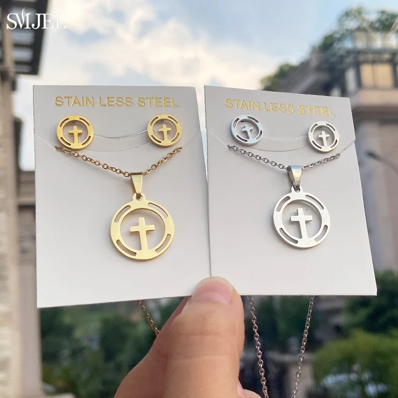 

New Stainless Steel Jewelry Sets for Women Gold Color Round Cross Necklaces Earrings Religious Jewelry Men Accessories Gifts