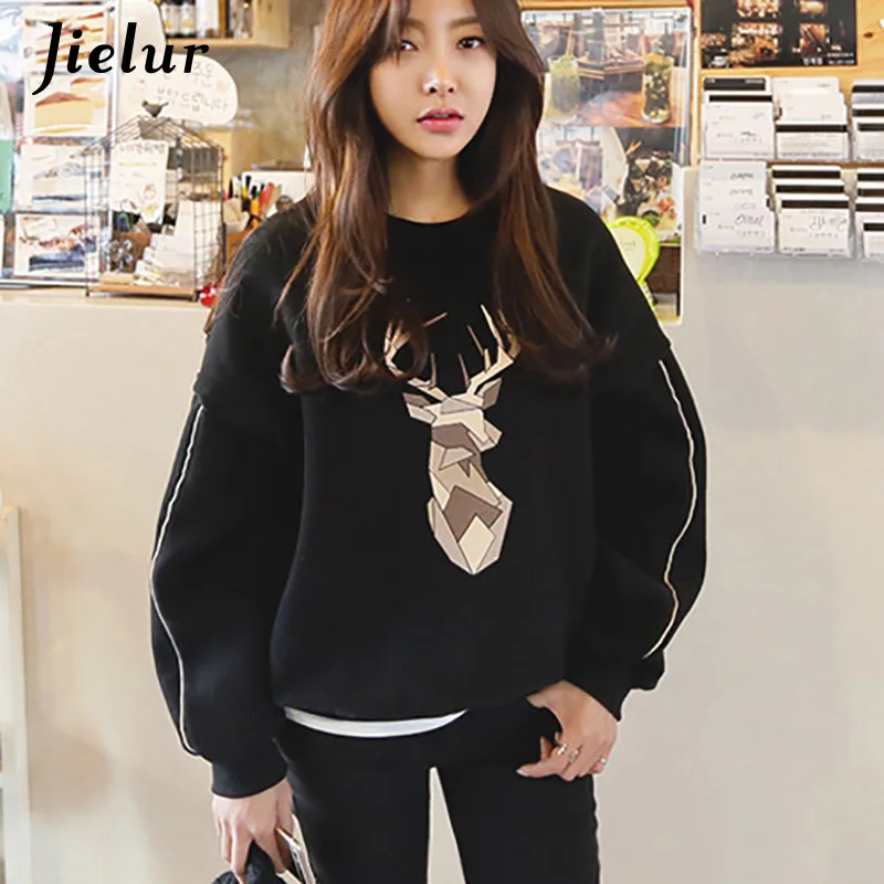 Jielur Harajuku бархатная толстовка женская Свободная Толстая Осенняя Новая модная женская Kpop теплая толстовка с круглым вырезом для колледжа корейская черная