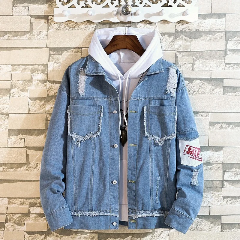 

2021 Men New Spring Denim Jacket Men's Fashion Casual Loose Denim Jackets Male Korean style Hip Hop Hole Jean Outwear