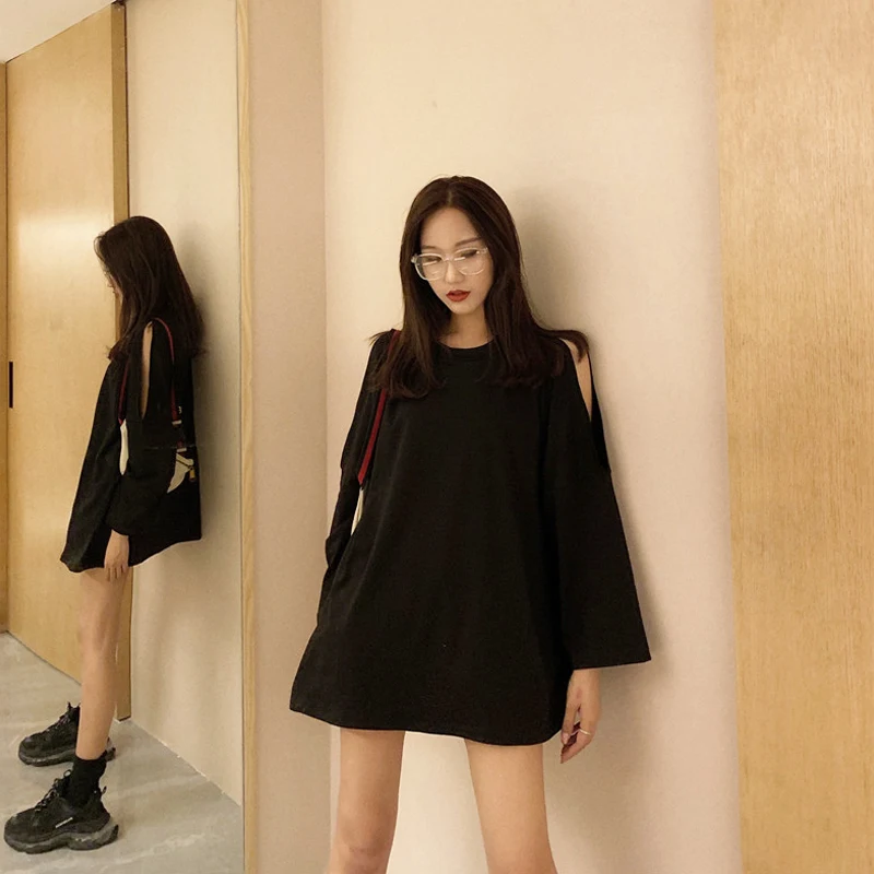 Свободные однотонные футболки с круглым вырезом и длинным рукавом повседневные