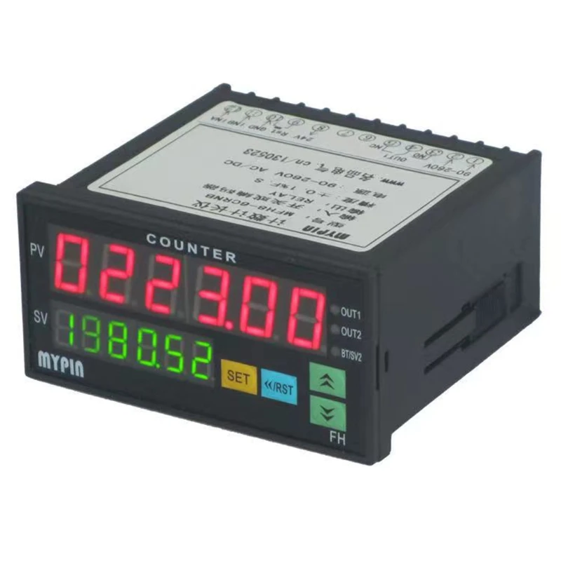 

Dual LED Display 6 Digits Digital Counter Multi-functional 90~265V AC/DC Length Meter w/ Pulse PNP NPN & 2 Relay Output