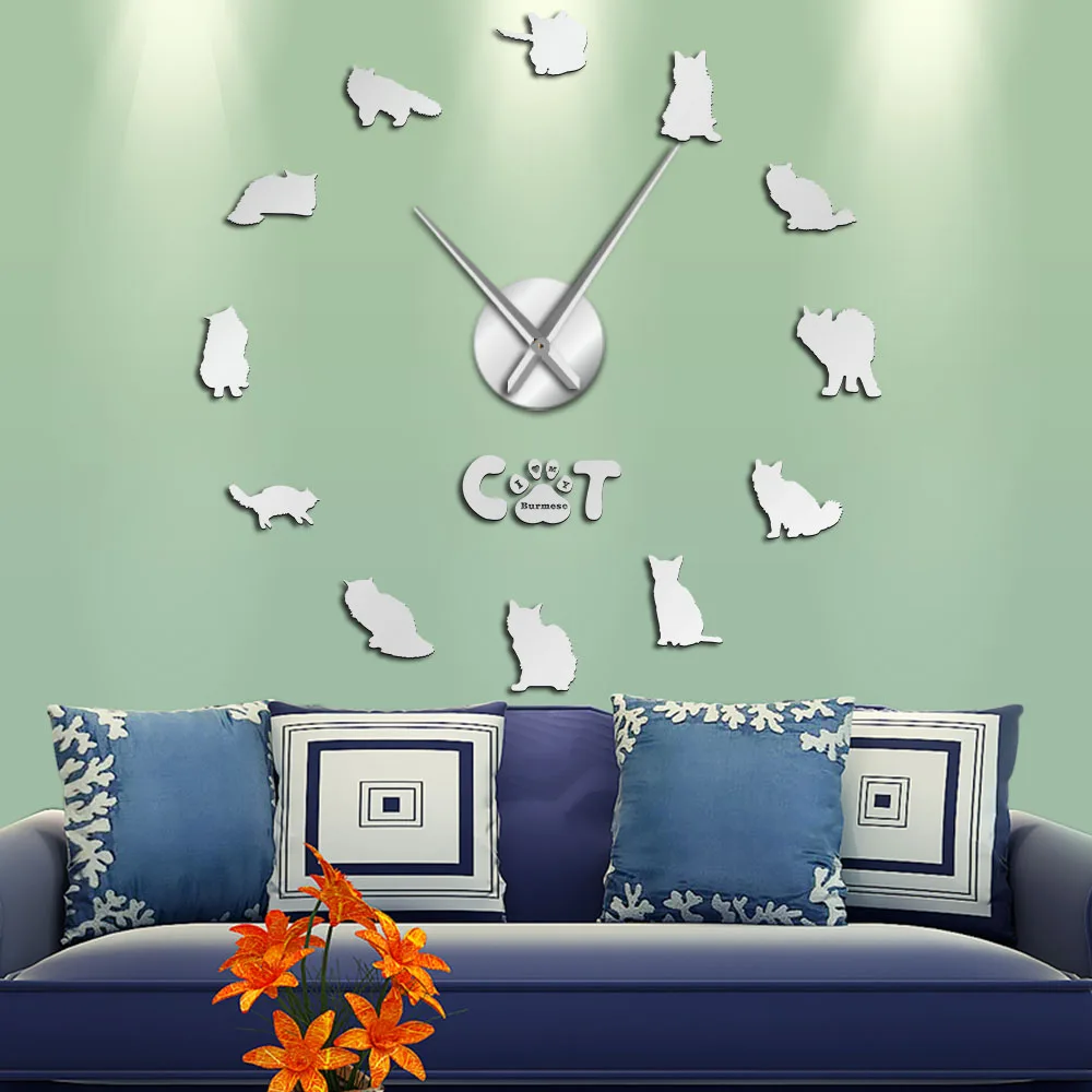 

Burmese Cat DIY 3D Acrylic Wall Clock Animals Self Adhesive Clock Watch Fashion Wall Art Decor Quiet Sweep Clock Watch
