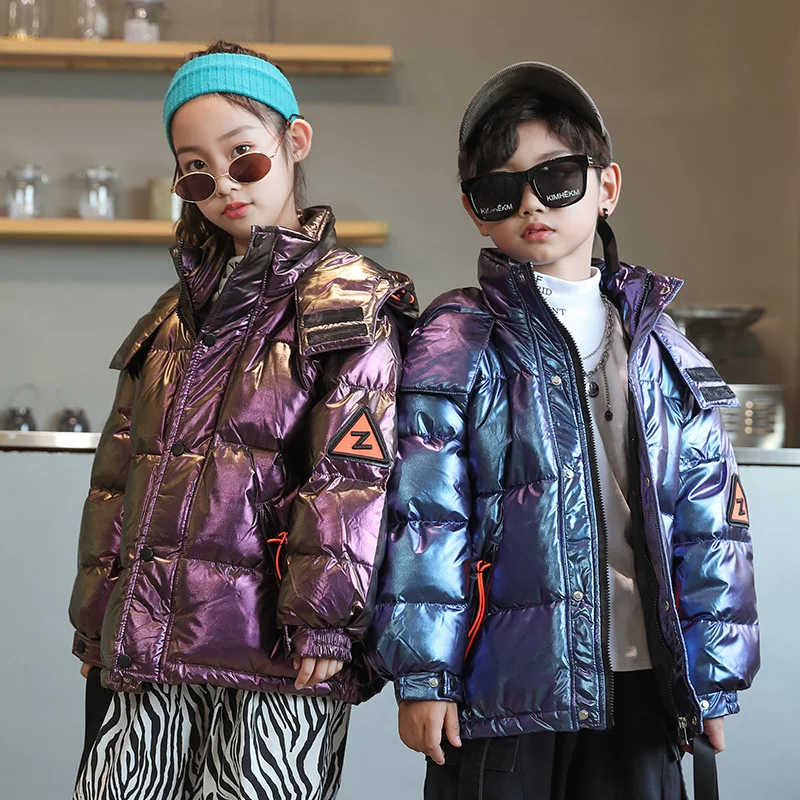 

New Russia winter children hooded shiny Down fluff waterproof coat jacket for girl boys Teens 6 8 12 14 parka child kids clothes