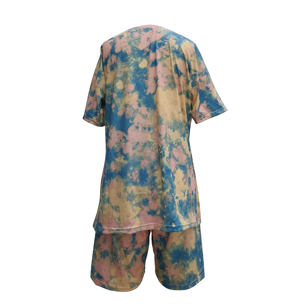 

Tie Dyeing Print Cotton Two Piece Suit Women's Tracksuit Short Sleeve Loose T Shirt Tee and Biker Shorts Casual Athletic Outfits