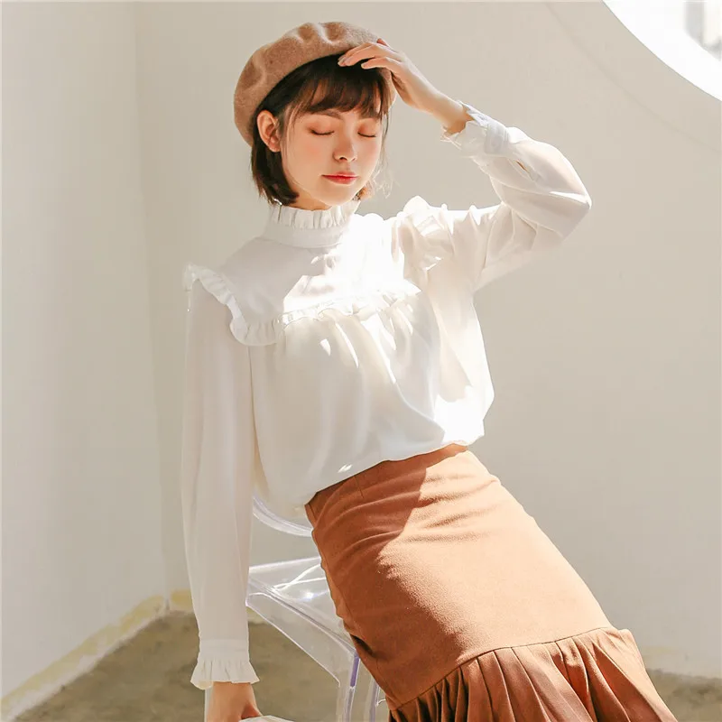 Однотонные свободные блузки 2018 Женские топы и со стоячим воротником длинным