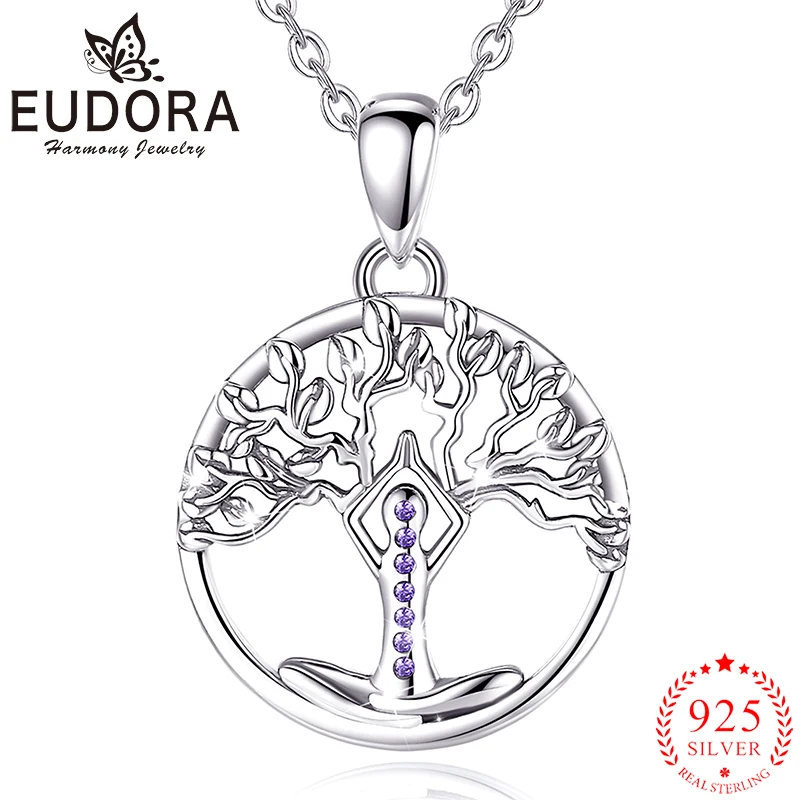 

Eudora 100% 925 sterling silver chakra yoga tree of life pendant necklace fashion jewelry ladies gift CYD767