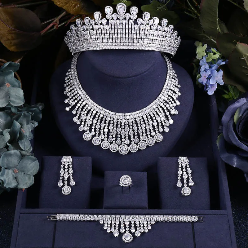 Janekelly Роскошные кубического циркония ожерелье браслет серьги и кольцо 4 шт. Дубай
