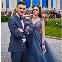 YUNUO Beaded V Neck Tulle Prom Evening Dresses Floor Length Custom Party Formal Gowns vestidos de fiesta largos Ball Gown