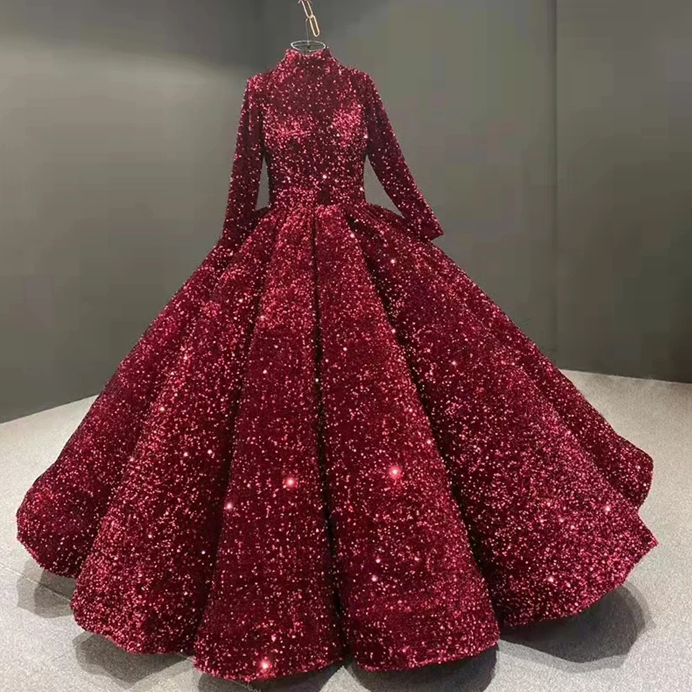 

Ball Gown Shinny Sequins Prom Dresses 3/4 Sleeves High Neck Back Hollow Lace Up Wedding Evening Party Gown Customize vestidos de