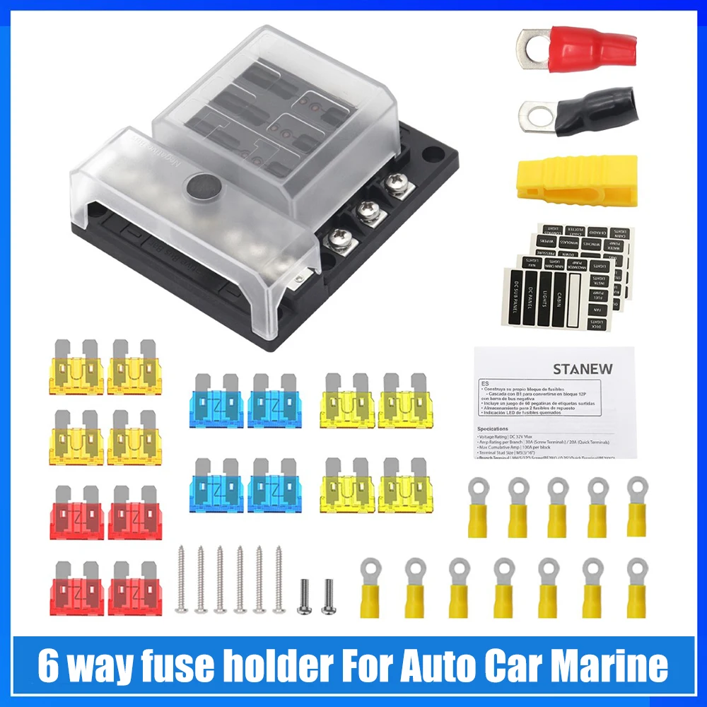

6 Ways Car Fuses Holder Blade Fuse Block 12V 32V Box M5 Stud with Led Indicator Light For Automotive Boat Marine Trike