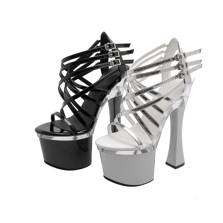 

Olomm Handmade Women Platform Sandals Square High Heels Sandals Open Toe Black Silver Night Club Shoes Women US Plus Size 4-9