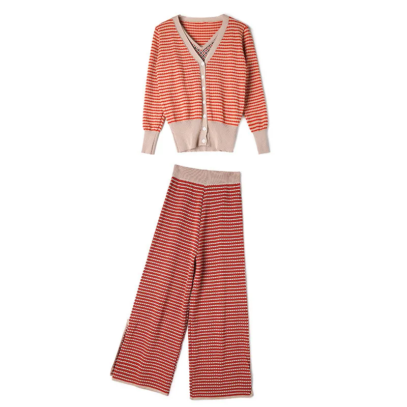 Женский трикотажный костюм-тройка кардиган в полоску жилет широкие брюки осень