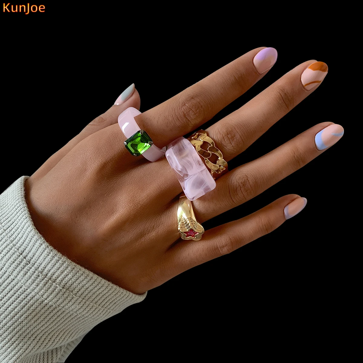 

Newest Colorful Resin Acrylic Rings Set Summer Fashion Vintage Geometric Square Round Finger Rings for Wommen Jewelry Party Gift