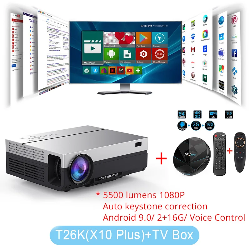 T26K Add TV Box Everycom T26K Full HD проектор 1920x1080P проектор Портативный 5500 люмен HDMI проектор видео проектор LED Главная Театр фильм - Цвет: T26K Add TV Box