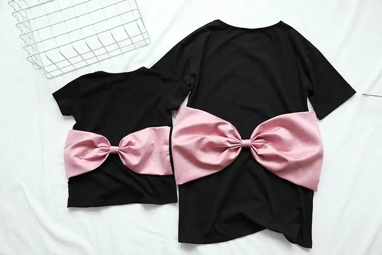 Camiseta de algod&oacute;n con lazo grande para madre e hija, camiseta negra de manga corta, conjuntos a juego para padres e hijos, ropa E7116-1