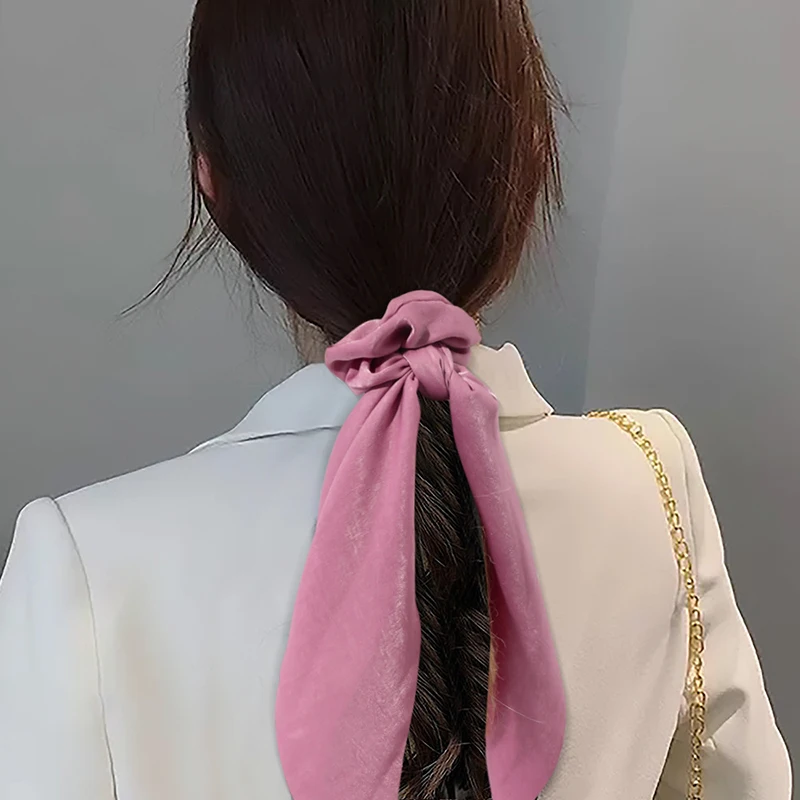 Korean Knotted Elastic Hair Bands Accessories Fashion Hair Band Long Ribbon Bow Ponytail Hair Tie Scrunchies Women Girl Headband 2pcs sweet charming long tail ribbon floral headband tie women boho double loop alice band hairbands