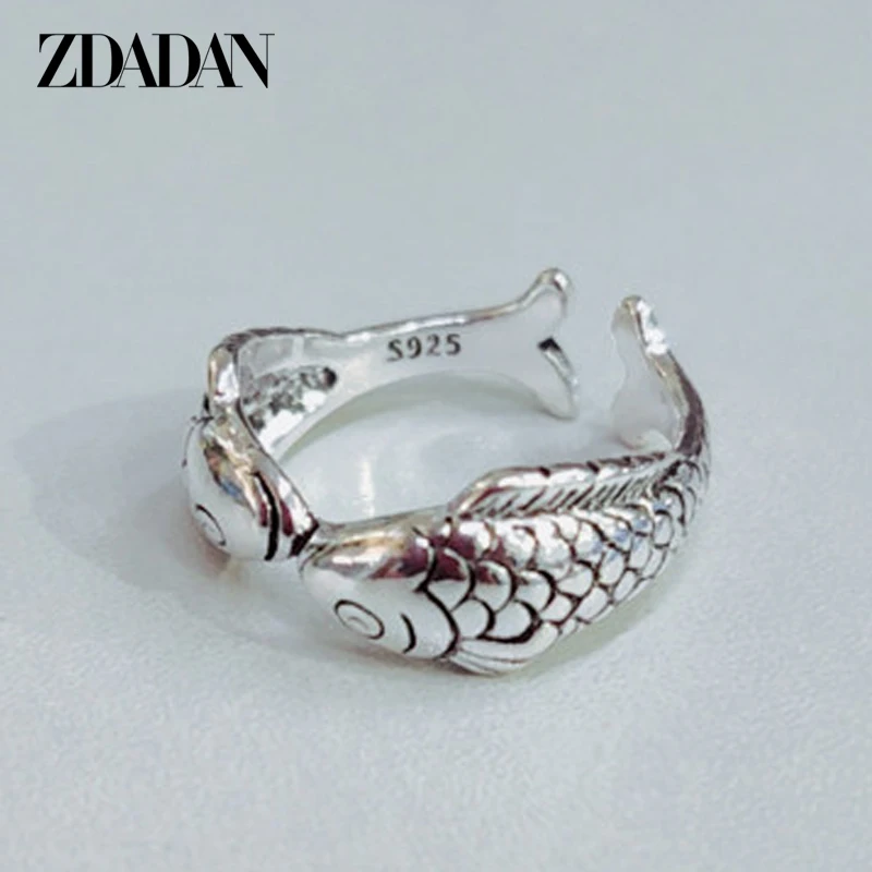 

ZDADAN 925 Sterling Silver Cute Carp Thai Silvers Open Ring For Women Party Fine Jewelry Gift