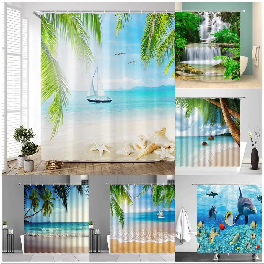 

Beach Palm Leaves Shower Curtain Blue Ocean Shell Conch Hawaii Nature Landscape Waterproof Fabric Bathroom Decor Curtains Hooks