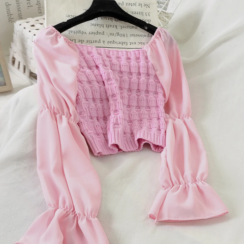 pink Neploe Сексуальная Блузка без бретелек с вырезом лодочкой Лоскутная трикотажная блузка короткий Blusas расклешенная шифоновая рубашка с длинным рукавом Elegant48188 - Цвет: pink