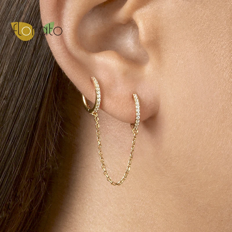 

925 Sterling Silver Double Hoop Earrings With Chain Small Earrings For Women Punk Rock CZ Huggie Hoop Fashion Jewelry