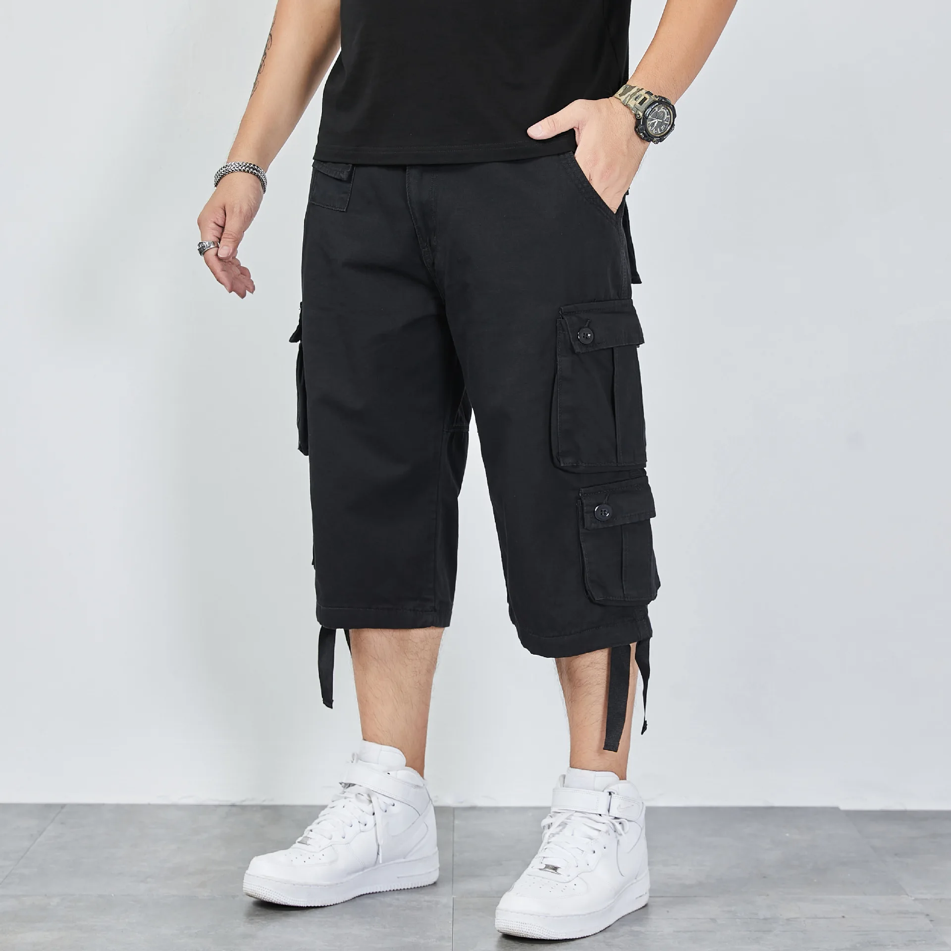 

Summer Black work clothes casual Capris wear-resistant and fattening, large bags, fashionable and fat, versatile pants