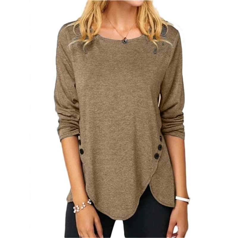

Women Round Neck Long Sleeves Button T-Shirt Solid Color Loose Plus Size Cotton Irregular Pullover