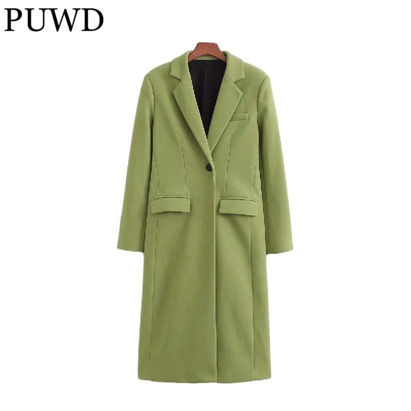 

Женское шерстяное пальто на пуговицах PUWD, винтажное повседневное длинное пальто с V-образным вырезом и зелеными карманами, Женская шикарная...
