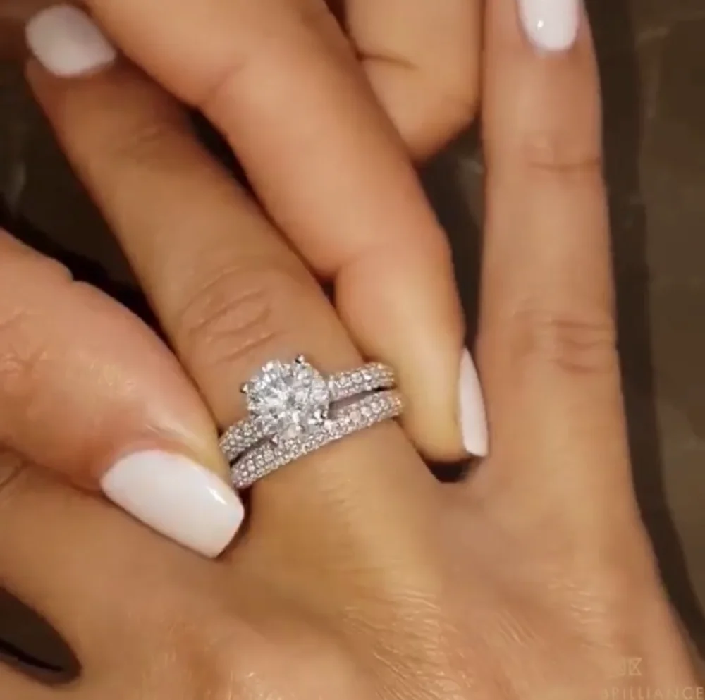 

Luxury Female 1ct Created Diamond Bridal Ring Set 2-in-1 925 Silver Wedding Jewelry Promise Love Engagement Rings For Women