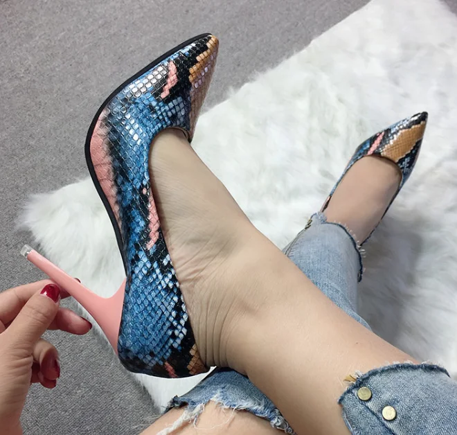 Lady Loafers Pointy Toe High Heel Slip On Pu Snake Texture Printed Shoes For Women Max Size 42 Pink Green Single Pumps Retro | Обувь