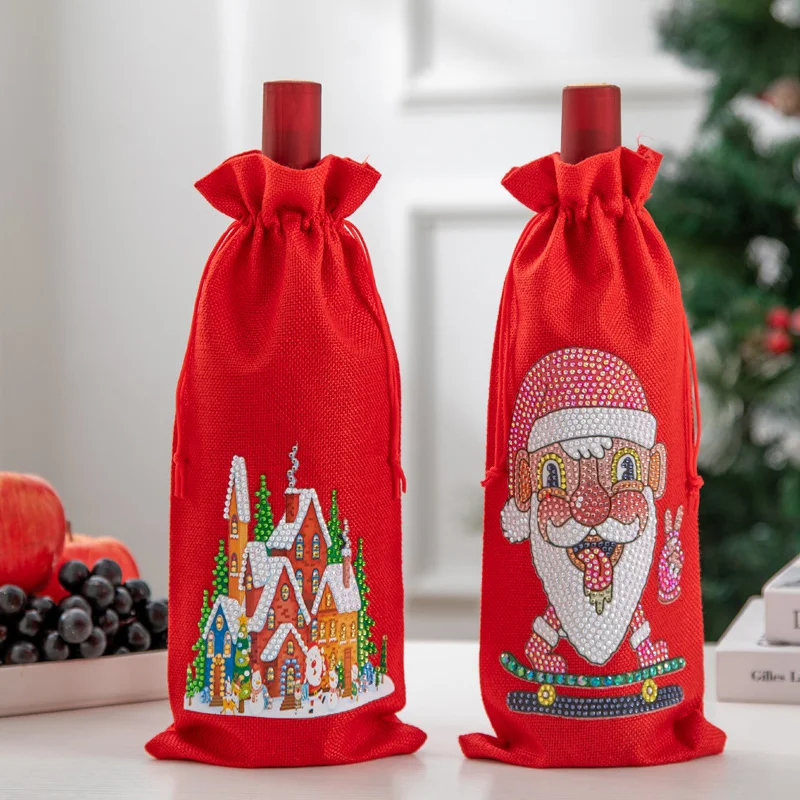 Алмазная живопись Яркий Рождественский винный мешок льняная упаковочная сумка